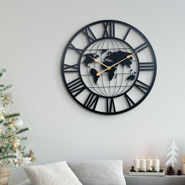 Round Metal Wall Clock, Black Embedded World Map, 24" Silent Roman Numeral Decorative Clock, Home Office Decor-Sona Casa