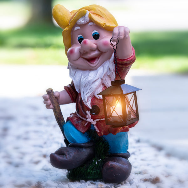 Outdoor Gnome Statue, Metal Lantern, Large 16" Yard Art by Sona Casa