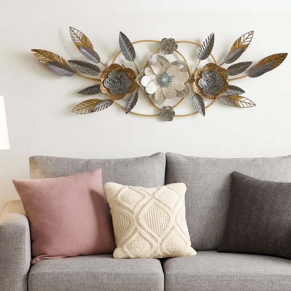 Large Gold Metal Wall Decor with Floral and Leaf Motif, 18 x 50 inch Elegant 3D Botanical Sculpture Home Office Decor-Sona Casa