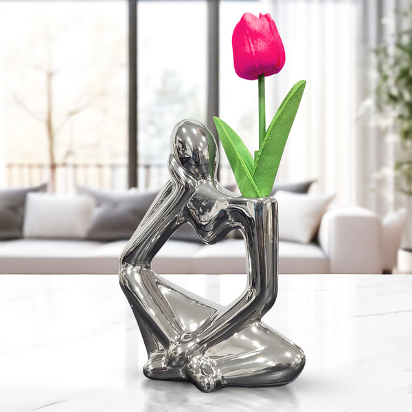 Unique Silver Ceramic Bud Vase, 7" Abstract Thinker Statue, Table, Shelf, Desk Decoration, 1 Tulip Flower Included by Sona Casa