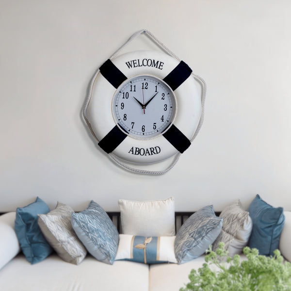 Nautical Round Wall Clock, 18" Silent Decorative Clock, Lifebuoy Coastal Beach Themed Decor, Nautical Gifts by Sona Casa