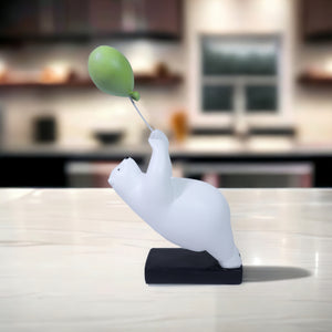 Animal Statue Polar Bear Sculpture with Green Balloon, 11" Desk Sculpture by Sona Casa