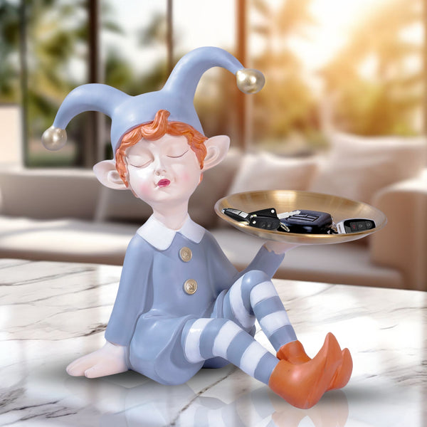 Tabletop Metal Tray Organizer, 11" Resin Clown Elf Statue, Table Desk Shelf Sculpture, Home Office Decorations, Gifts by Sona Casa