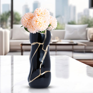 Abstract Black And Gold Ceramic Vase - Flower Bud Centerpiece For Home Decor by Sona Casa