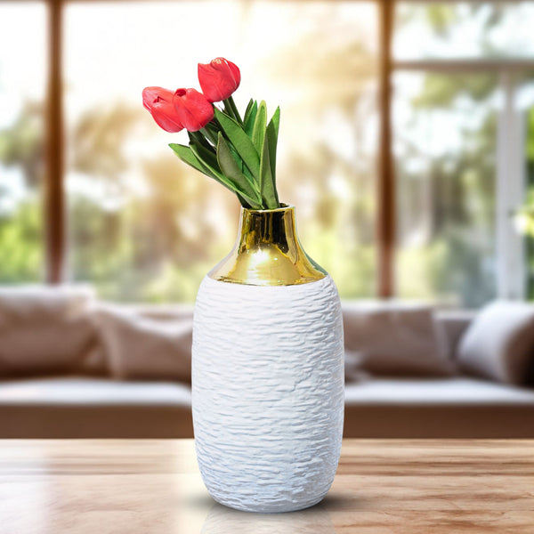 White Ceramic Vase, Golden Rim, 12" Abstract Tabletop Decor by Sona Casa