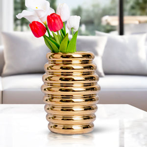 Golden Ceramic Honey Spoon Vase, 8" Modern Flower Vase Decor, Fresh or Fake Florals, Gift for Mom by Sona Casa