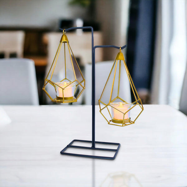 Gold Candle Holder, Metal Frame, 2 Glass Containers, 14" Home Decor by Sona Casa