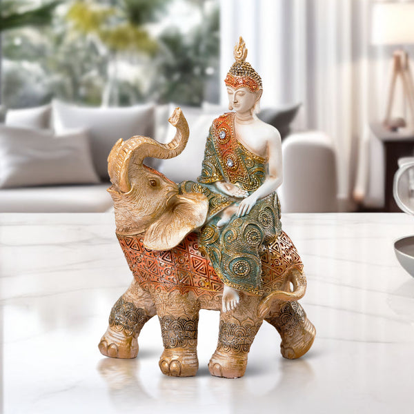 Buddha Statue on Elephant Figurine, 10" Tabletop Decor for Meditation Room by Sona Casa