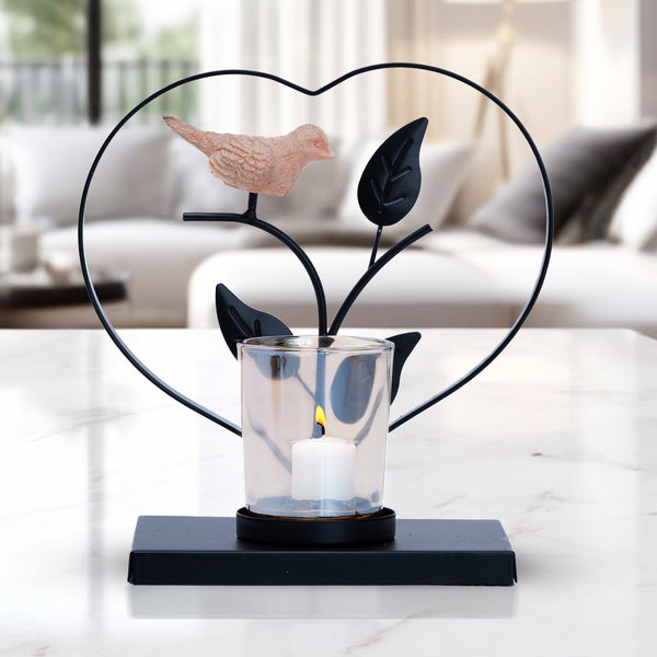 Black Metal Tealight Holder With Bird, 6" Nature Inspired Glass Decor by Sona Casa