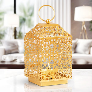 Golden Tealight Lantern Candle Holder, 7" Metal Holder, Indoor Outdoor Decor with 1 Tealight Candle by Sona Casa