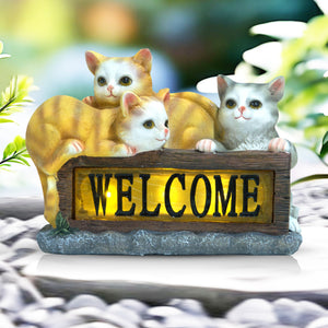 Cute Solar Cat Garden Statue With Welcome Sign, 8" Outdoor Lawn Patio Front Porch Decor, Housewarming Gift by Sona Casa