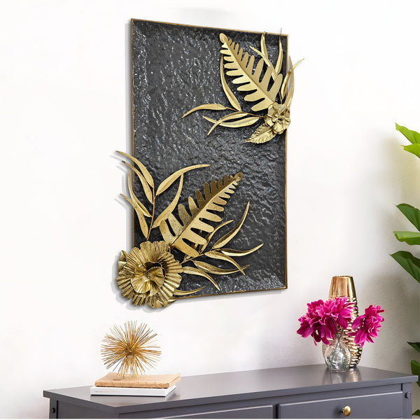 Large Metal Wall Art, 27" Floral Wall Decor, Gray Gold Home Office Decor by Sona Casa