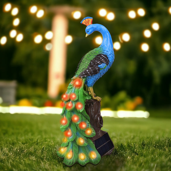 Peacock Garden Solar Light, Outdoor Fairy Garden Decor, Polyresin Solar Powered Statue, Blue Green Garden Sculpture, Patio Decor 19 inch 47 cm by Sona Casa