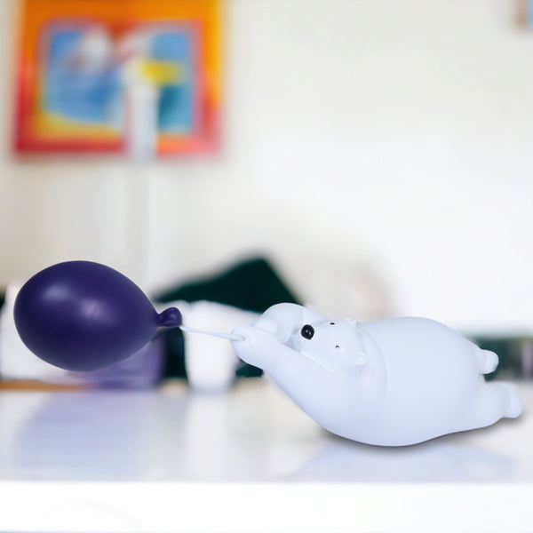 Polar Bear Statue, 10" Funny Animal Sculpture, Purple Balloon Table Decor by Sona Casa