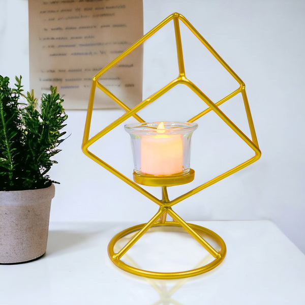 Metal Candle Holder, Glass Container, 8" Tabletop Decor by Sona Casa