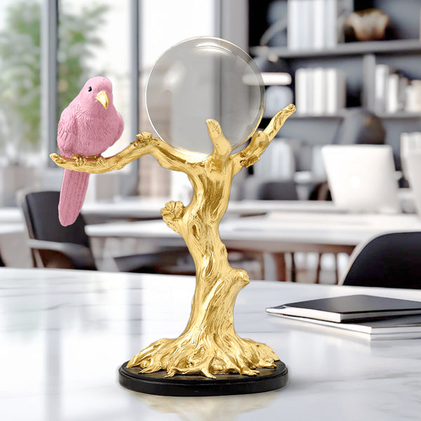 Decorative Sculpture Tabletop Crystal Ball and Bird on Tree, 9" Centerpiece by Sona Casa