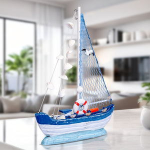 Handmade Wooden Sailboat, 15" Nautical Table Sculpture, Rustic Boat Model, Desk Shelf Decor, Gifts by Sona Casa