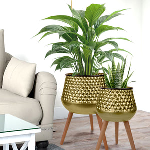 Golden Plant Container Set of 2, 26" Large 19" Small Metal Planters Decor by Sona Casa