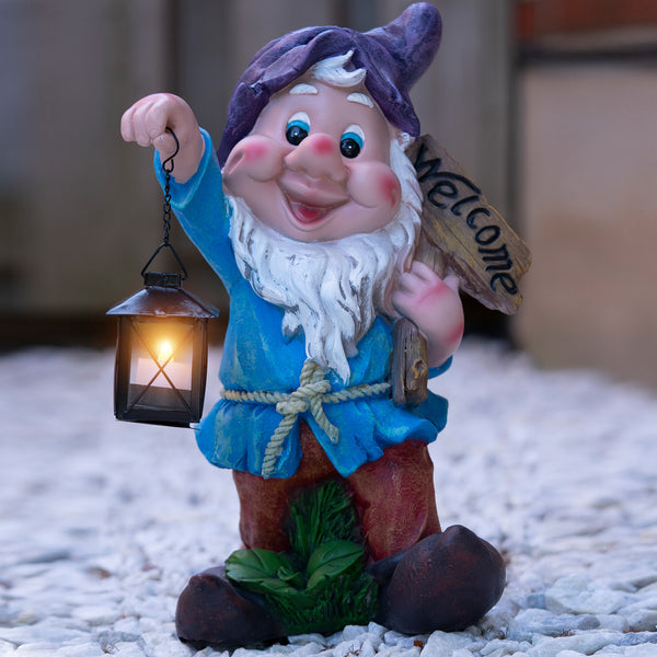 Welcome Gnome Statue with Metal Tealight Candle Holder, Outdoor Polyresin Gnome Lawn Garden Decor with Purple Hat, Large, 16 inch 40 cm by Sona Casa