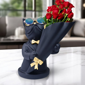 Dog Statue with Bouquet Holder Black Home Decor Accent, Polyresin Artwork Tabletop Centerpiece 9 inch 22 cm by Sona Casa