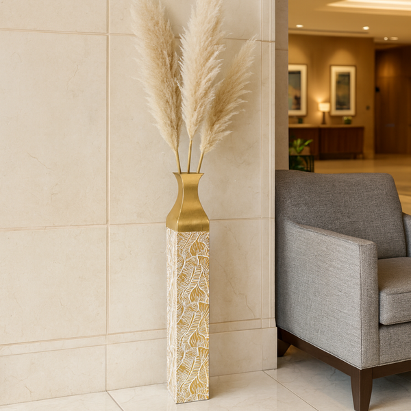 Modern Decorative Metal Tall Vase, Rustic Weathered Finish, Handmade Gold Living Room Decor, 35" Pots for Pampas Grass-Sona Casa