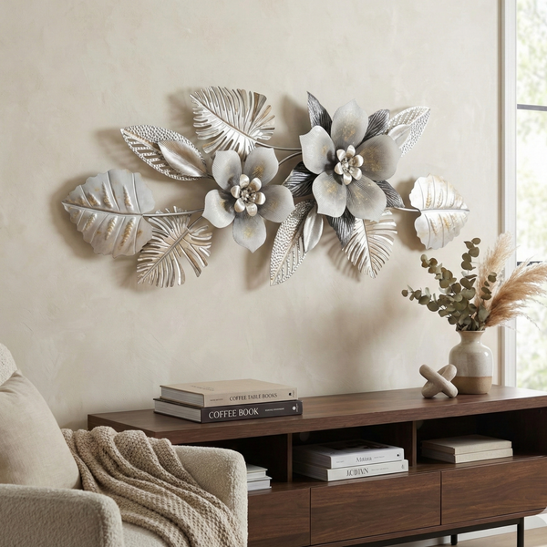 Large Metal Flower Wall Art, 3D Floral Wall Sculpture, Modern Botanical Decor with Silver & Gray Leaves, Textured Metal Wall Decor for Living Room, Bedroom, or Entryway-Sona Casa