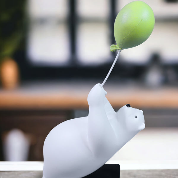Animal Statue Polar Bear Sculpture with Green Balloon, 11" Desk Sculpture by Sona Casa