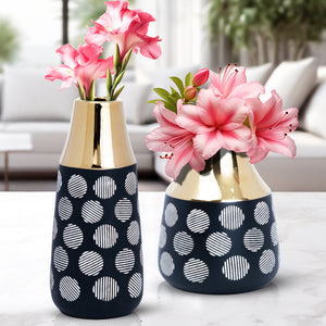 Black Ceramic Tulip Vase, Abstract, Golden Rim, 8" and 13" Table Vase Pair by Sona Casa