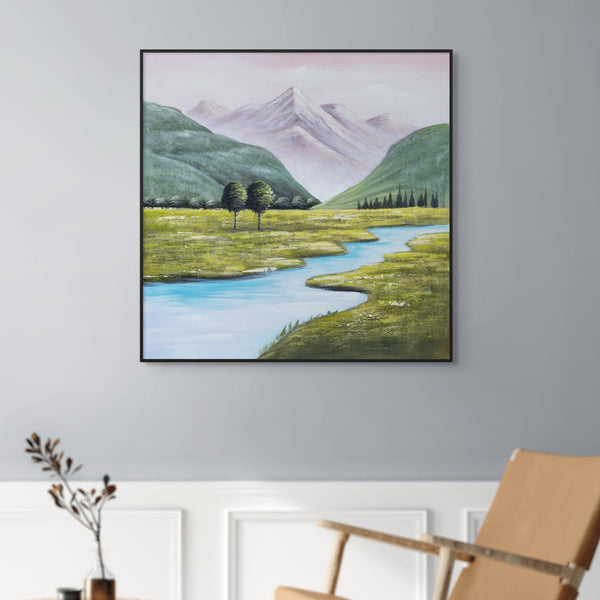 Mountain Creek Impasto Canvas, 31" 3D Textured Wood Framed Landscape Art by Sona Casa