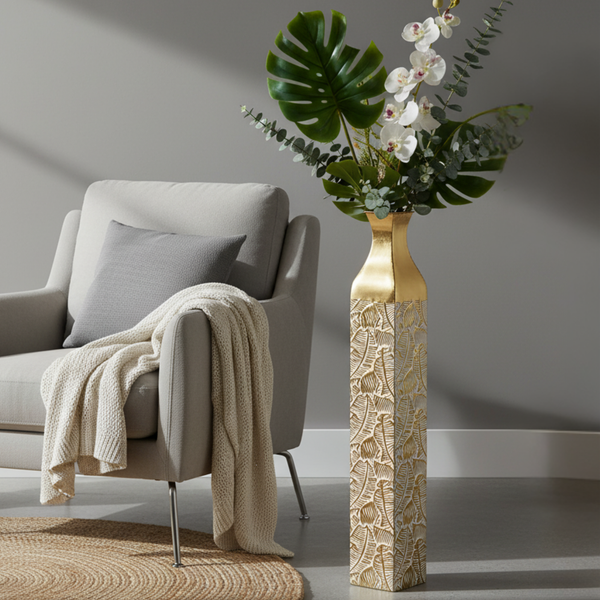 Modern Decorative Metal Tall Vase, Rustic Weathered Finish, Handmade Gold Living Room Decor, 42" Pots for Pampas Grass-Sona Casa