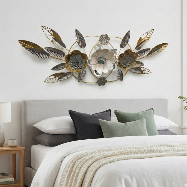 Large Gold Metal Wall Decor with Floral and Leaf Motif, 18 x 50 inch Elegant 3D Botanical Sculpture Home Office Decor-Sona Casa
