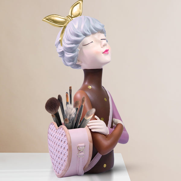 Classy Female Bust Statue Storage and Vase in One, Makeup Organizer, Small Items Storage, Vanity Table Decor, Ladies Gift Brown Polyresin 14 inch 34 cm by Sona Casa