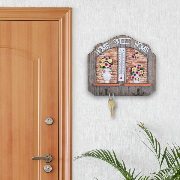 Farmhouse Wooden Key Holder Rack with Thermometer & 2 Double Hooks, Beige 10" Home Entryway Decoratiive Key Hangers, Decor Gifts by Sona Casa