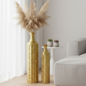 Set of 2 Tall Gold Floor Vases, Modern Geometric Metal Vases for Living Room Decor, Large 98cm & 80cm Tall Vase Pair-Sona Casa