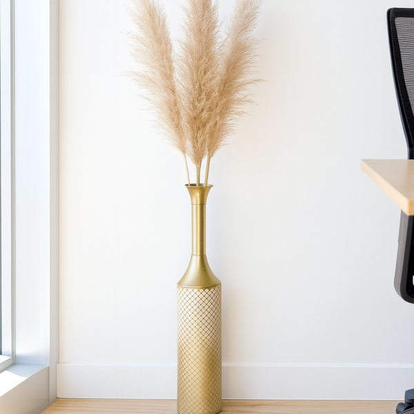 Modern Tall Floor Vase, Handmade Indoor Decor Metal 41" Gold Beige White by Sona Casa