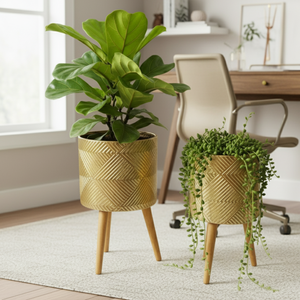 Rustic Gold Foil Metal Plant Pots Set with Stand for Fresh or Artificial Plants, Indoor Home Office Decor, Gifts-Sona Casa