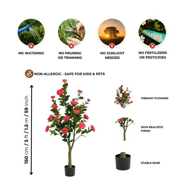 Artificial Flowering Tree, 5 ft Tall Fake Pink Camellia Tree Plant in Cement Base, Indoor Decor for Home or Office, Gift-Sona Casa