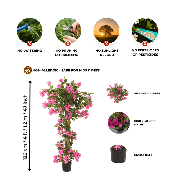 Artificial Bougainvillea Tree 4ft Pink Faux Bougainvillea Plant with Stable Base for Home & Office Decor, Housewarming Gift-Sona Casa