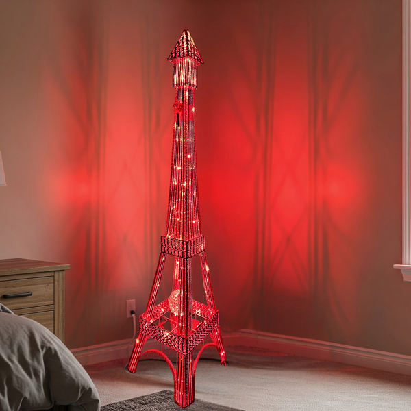 Tall Floor Lamp, Handcrafted 63" Eiffel Tower Paris Multicolor LED Light White Metal by Sona Casa
