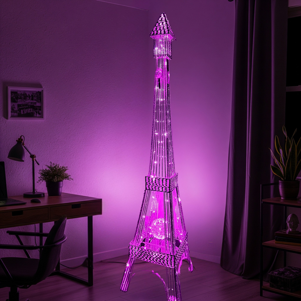 Tall Floor Lamp, Handcrafted 63" Eiffel Tower Paris Multicolor LED Light White Metal by Sona Casa