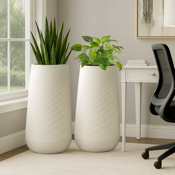 Set of 2 Tall White Indoor Decorative Planter, Modern Contemporary Self Watering Pot Home, Porch, Patio Decor Gifts-Sona Casa