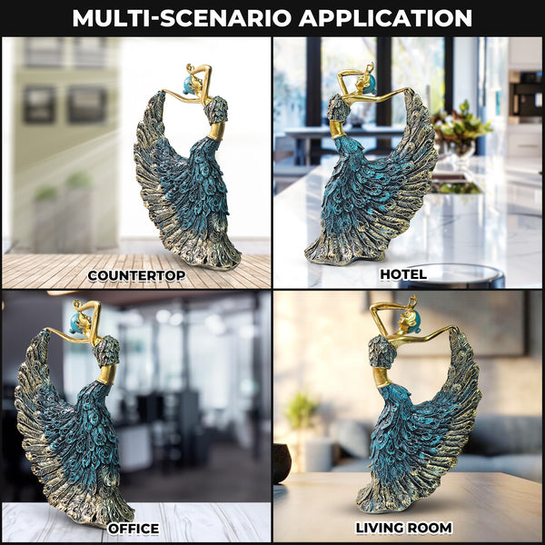 Peacock Feather Dancing Lady Figurine, Ballerina Statue, 11" Shelf, Mantle, Table, Desk Decor Centerpiece by Sona Casa
