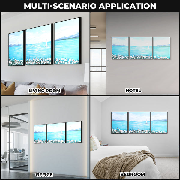 Handmade Blue Lake, Boat Canvas, 79" Wide Wall Art Painting Decor by Sona Casa