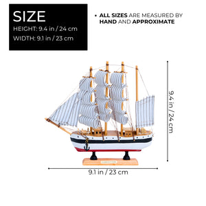 Wooden Ship Model, Cloth Sails, 9" Nautical Tabletop Decor by Sona Casa