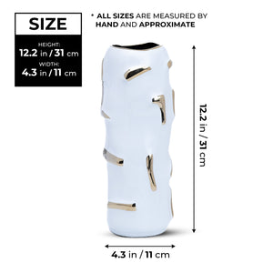 White Ceramic Vase, Golden Accent, Fresh or Faux Flowers, 12" Table Decor by Sona Casa