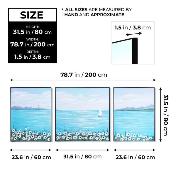 Handmade Blue Lake, Boat Canvas, 79" Wide Wall Art Painting Decor by Sona Casa