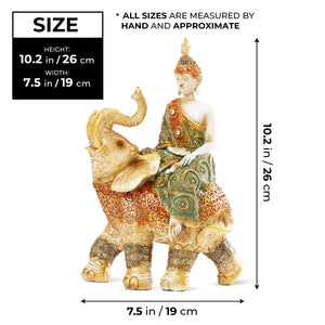 Buddha Statue on Elephant Figurine, 10" Tabletop Decor for Meditation Room by Sona Casa