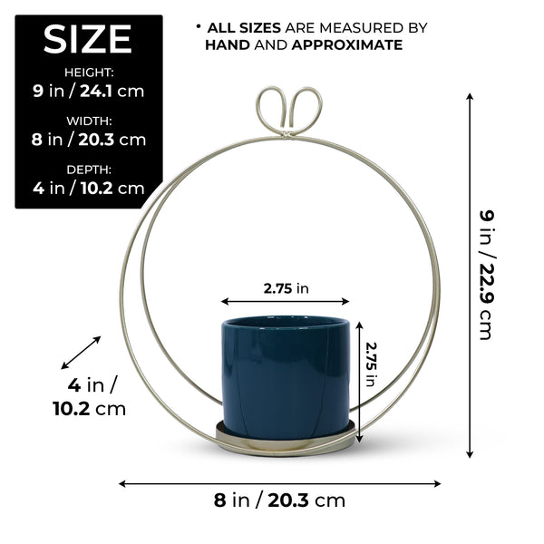 Small Ceramic Flower Pot, Golden Metal Frame, 9" Living Room, Home Decor by Sona Casa