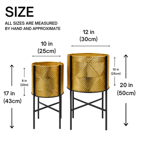 Rustic Golden Planters, Textured Foil Surface, Metal Plant Pots Pair with Black Stand, Unique Indoor Decor Gifts-Sona Casa