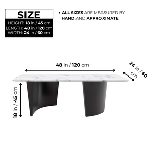 Modern 47" Rectangle Coffee Table, White Marble Top, Metal Matte Black Frame Home Decor by Sona Casa